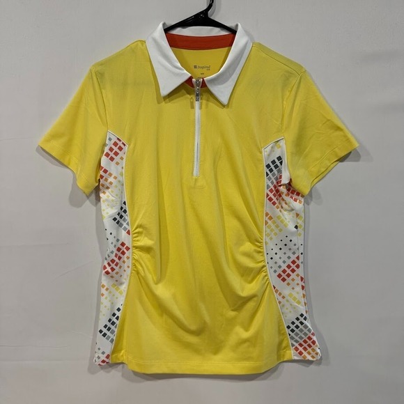 Tops - Inspired Style Golf Polo Shirt Womens M Yellow‎ Zip Collar Geometric Sides